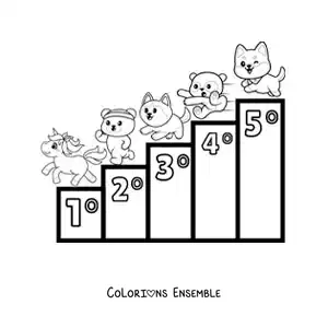 Image à colorier des nombres ordinaux de 1 à 5 pour les enfants avec des dessins animés