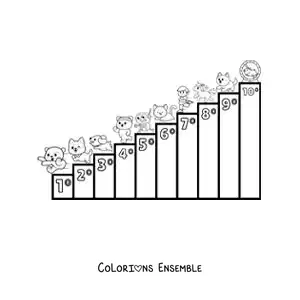 Image à colorier des nombres ordinaux de 1 à 10 pour les enfants avec des dessins animés