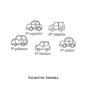 Image à colorier d’une course de voitures avec les nombres ordinaux de 1 à 5 pour les enfants
