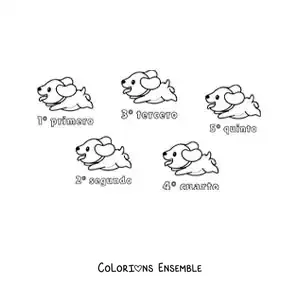 Image à colorier d’une course de chiens avec les nombres ordinaux de 1 à 5 pour les enfants