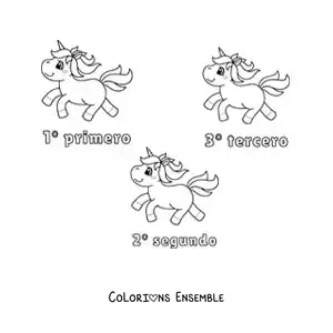 Image à colorier d’une course de licornes avec les nombres ordinaux de 1 à 3 pour les enfants