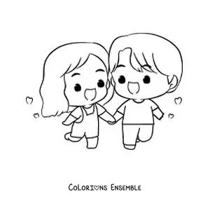 Image à colorier d’un couple chibi se tenant la main