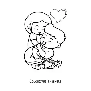 Image à colorier d’un garçon dédiant une chanson à sa petite amie