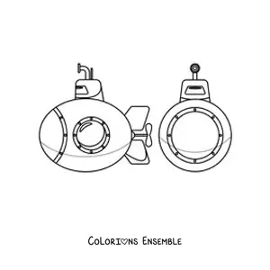 Image à colorier d'un sous-marin espion avec périscope, vu de face et de côté