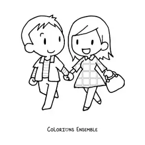 Image à colorier d’un couple marchant main dans la main