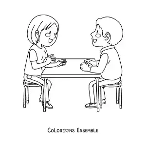 Image à colorier d’un couple assis en train de parler dans un restaurant