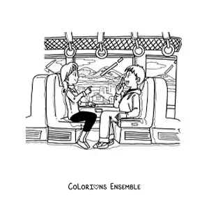 Image à colorier d’un couple assis en train de parler dans un train