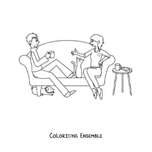 Image à colorier d’un couple à la maison avec des animaux de compagnie