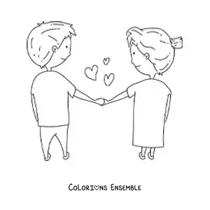 Image à colorier d’un couple amoureux se tenant la main avec des cœurs