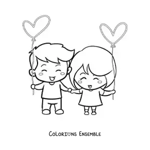 Image à colorier d’un couple se tenant la main avec des cœurs