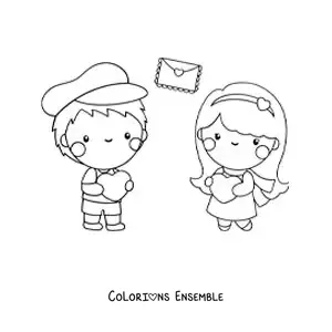 Image à colorier d’un couple amoureux avec des lettres d’amour