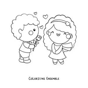 Image à colorier d’un garçon offrant une rose à sa bien-aimée