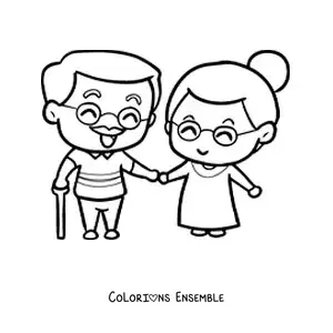 Image à colorier d’un couple de personnes âgées amoureuses se tenant la main