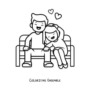 Image à colorier d’un couple assis en train de rire ensemble avec des cœurs