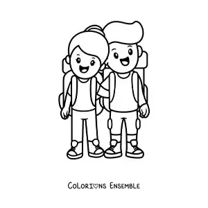 Image à colorier d’un couple de randonneurs voyageant ensemble