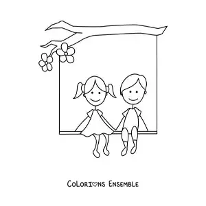 Image à colorier d’un couple amoureux assis sous un arbre avec des cœurs
