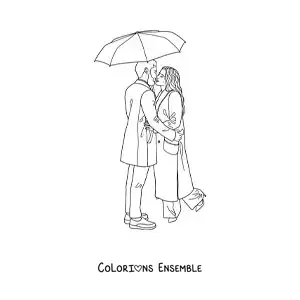 Image à colorier d’un couple s’embrassant sous la pluie