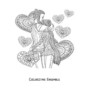 Image à colorier d’un couple s’enlaçant avec des cœurs