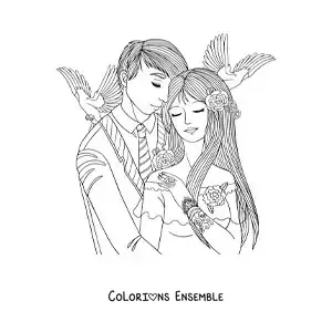 Image à colorier d’un couple se mariant avec des colombes en arrière-plan