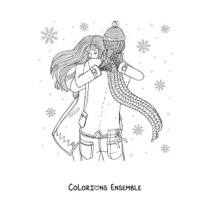 Image à colorier d’un couple s’enlaçant dans la neige