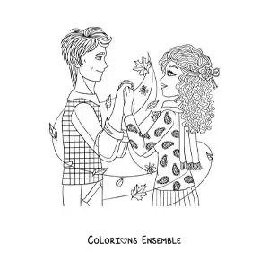 Image à colorier d’une scène romantique d’un couple se tenant la main
