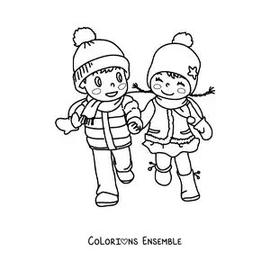 Image à colorier d’un garçon et d’une fille se tenant la main en hiver