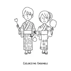 Image à colorier d’un couple japonais
