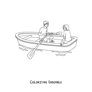 Image à colorier d’un couple amoureux assis dans une barque