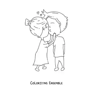 Image à colorier d’un baiser d’un couple avec des cœurs