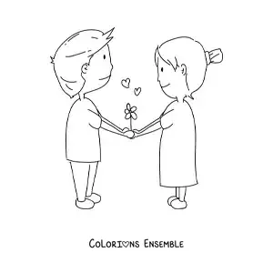 Image à colorier d’un tendre couple se tenant la main avec des cœurs