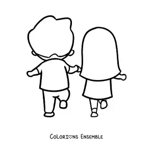 Image à colorier d’un couple heureux marchant main dans la main