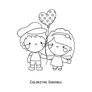 Image à colorier d’un couple amoureux avec un ballon en forme de cœur