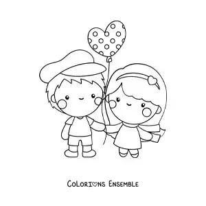 Image à colorier d’un couple amoureux avec un ballon de la Saint-Valentin