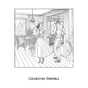 Image à colorier d’un couple vintage dansant à la maison