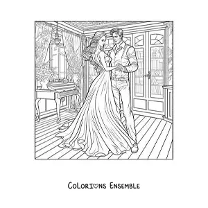 Image à colorier d’un élégant couple vintage dansant la valse dans une maison