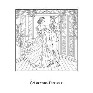 Image à colorier d’une scène romantique d’un couple dansant dans le jardin