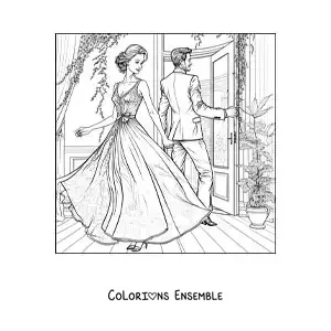 Image à colorier d’un beau couple vintage dans une maison avec jardin