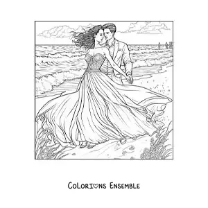 Image à colorier d’une scène romantique d’un couple sur la plage