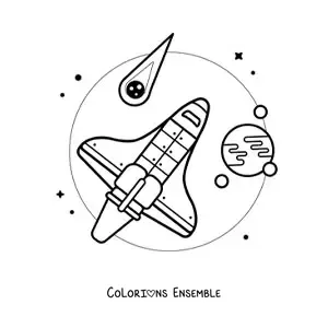 Image à colorier d'une fusée dans l'espace, parmi des astéroïdes et des planètes