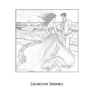 Image à colorier d’une scène romantique d’amoureux sur la plage