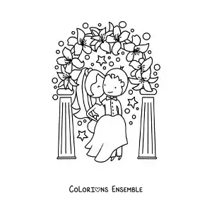 Image à colorier d’un couple heureux en dessin animé à leur mariage avec des fleurs
