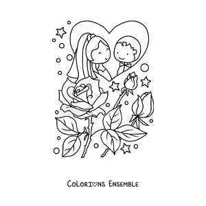 Image à colorier d’un couple heureux en dessin animé à leur mariage avec des roses et des cœurs