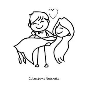 Image à colorier d’un couple de jeunes mariés en dessin animé