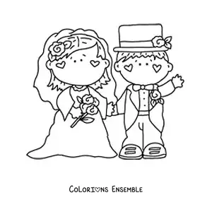 Image à colorier d’un dessin animé des mariés à leur mariage