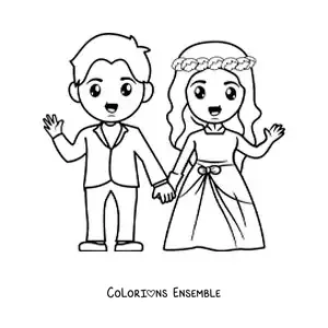 Image à colorier d’un couple le jour de leur mariage