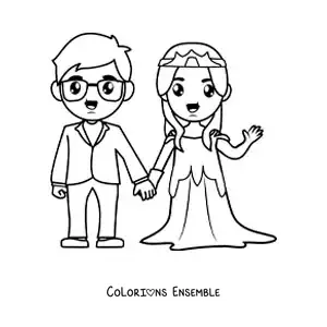 Image à colorier d’un couple en dessin animé à leur mariage