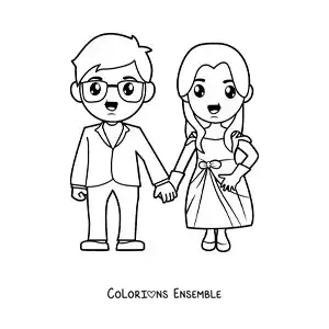 Image à colorier d’un couple se tenant la main à leur mariage