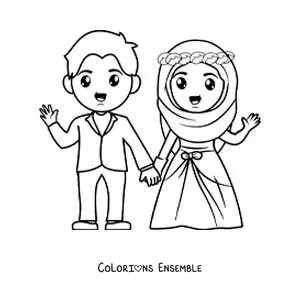 Image à colorier d’une mariée portant un hijab et d’un marié à leur mariage