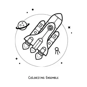 Image à colorier d'une fusée dans l'espace, à côté d'une planète