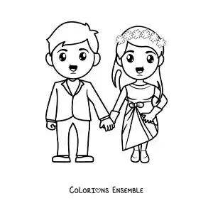 Image à colorier d’un couple heureux à leur mariage